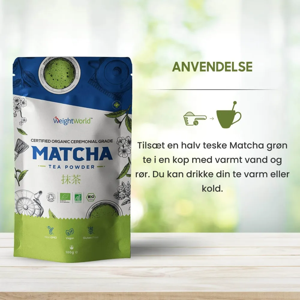Tilsæt en halv teskefuld grøn matcha pulver i varmt vand og nyd en lækker matcha te