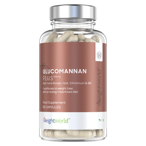 Glucomannan Plus - 60 Glucomannan Kapsler - 3000 mg - Med Vitamin B6 & Chrome - Vægtkontrol - Vandopløseligt Fibertilskud - 10 Dages Program - Vegansk