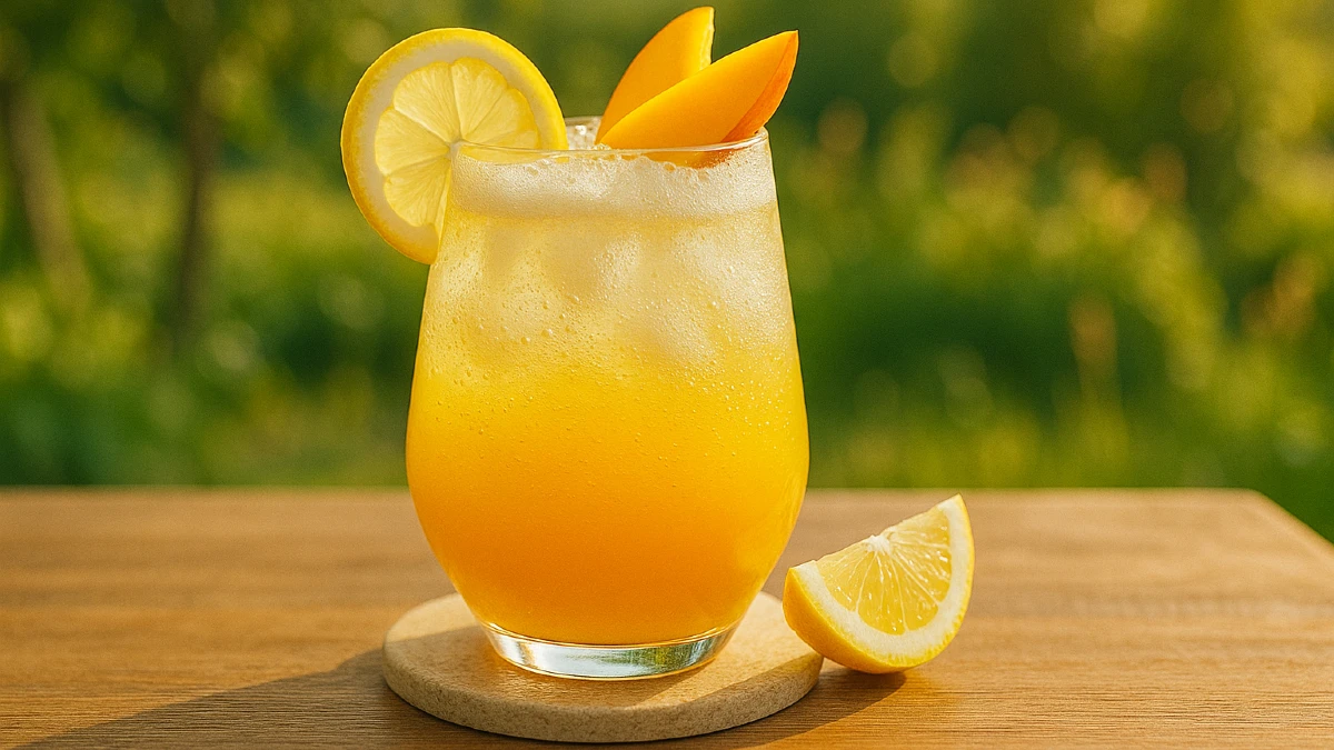 Boblende mango mocktail med frisk mango, citronsaft, danskvand og isterninger, pyntet med en skive citron.