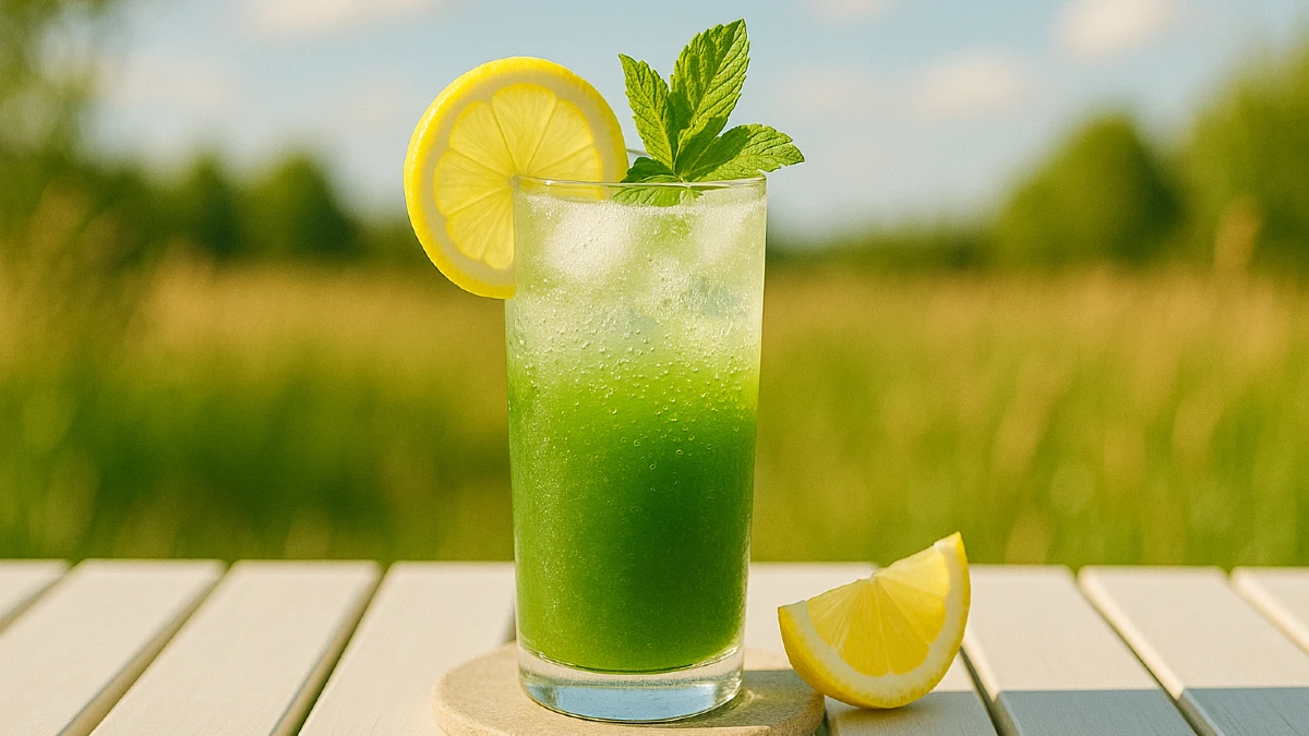 lækker supergreens mocktail med økologisk super greens pulver, frisk citronsaft, danskvand og isterninger.