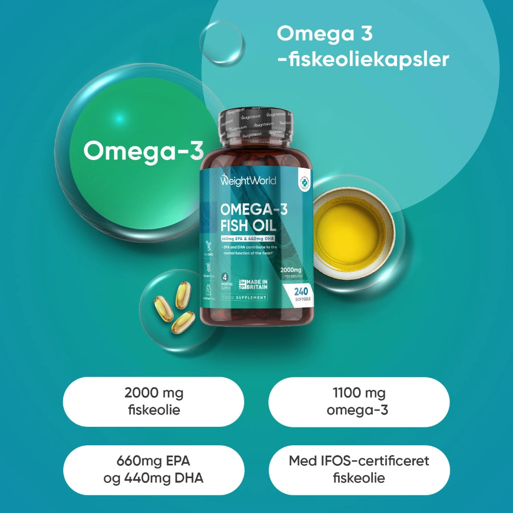 WeightWorld omega-3 fiskeolie-kapsler med 2000 mg pr. portion og 240 kapsler