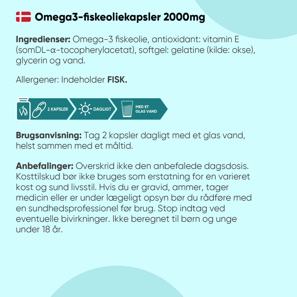 Omega-3 fiskeoliebrugsanvisning med 2 kapsler dagligt og indhold af fisk