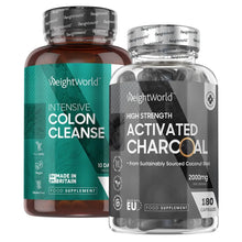 WeightWorld aktivt kul (180 kapsler) og colon cleanse‑tilskud i to glasflasker