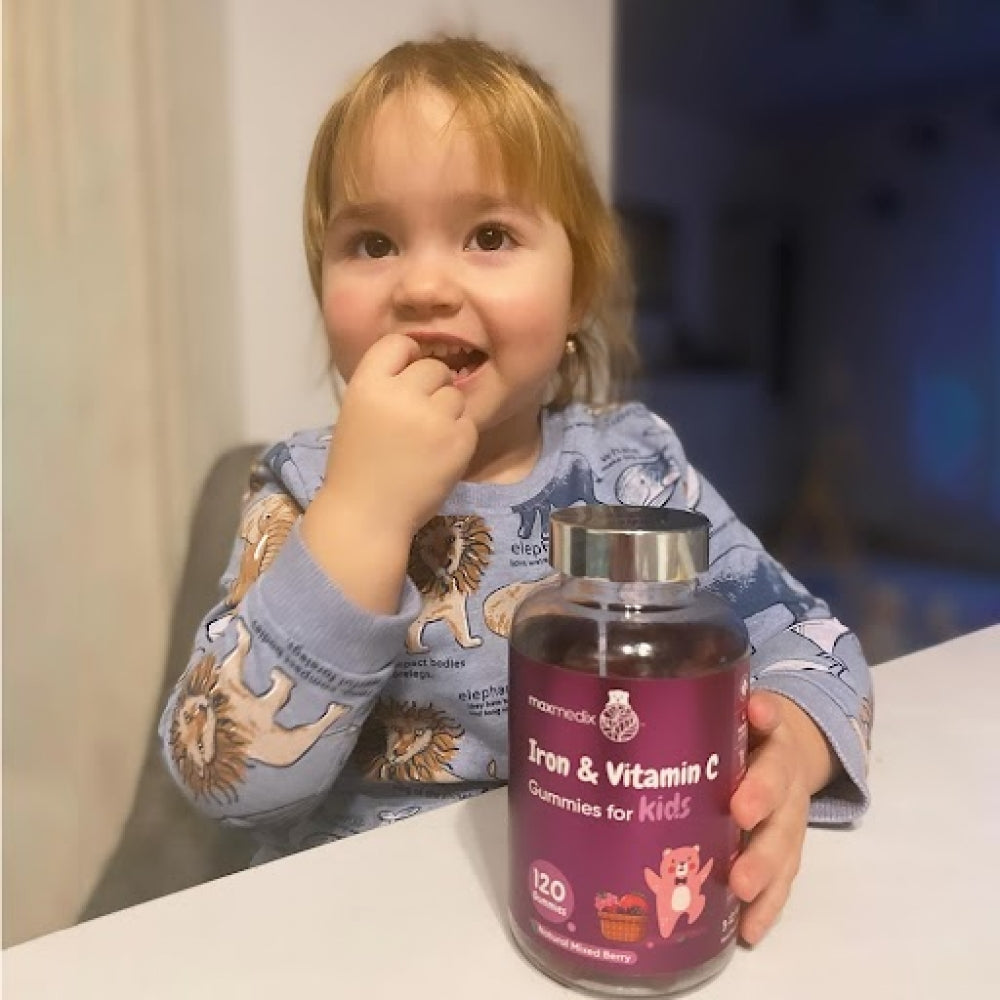Flaske med vingummier til børn med jern og C-vitamin, lilla etiket