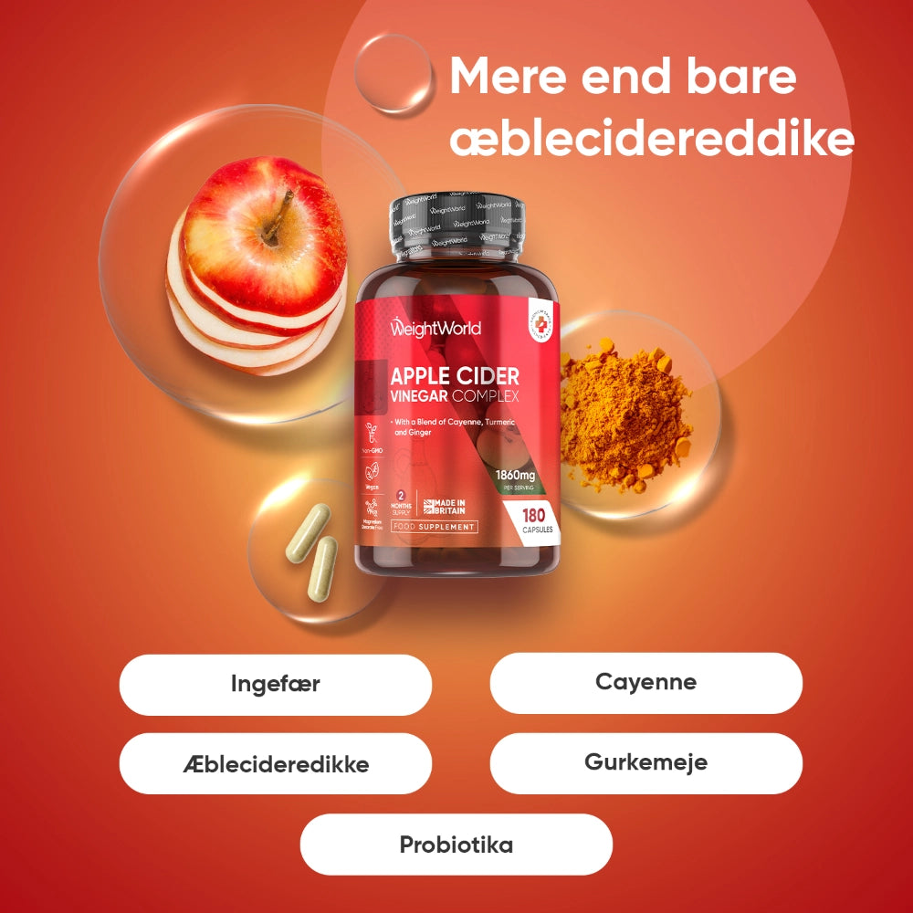 Æblecidereddike-complex flaske med ingrediensikoner: ingefær, cayenne, gurkemeje, probiotika