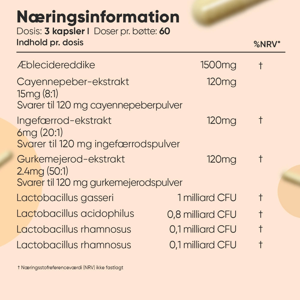 Næringsinformation for Æblecidereddike-complex med ingredienser og dosering pr. portion