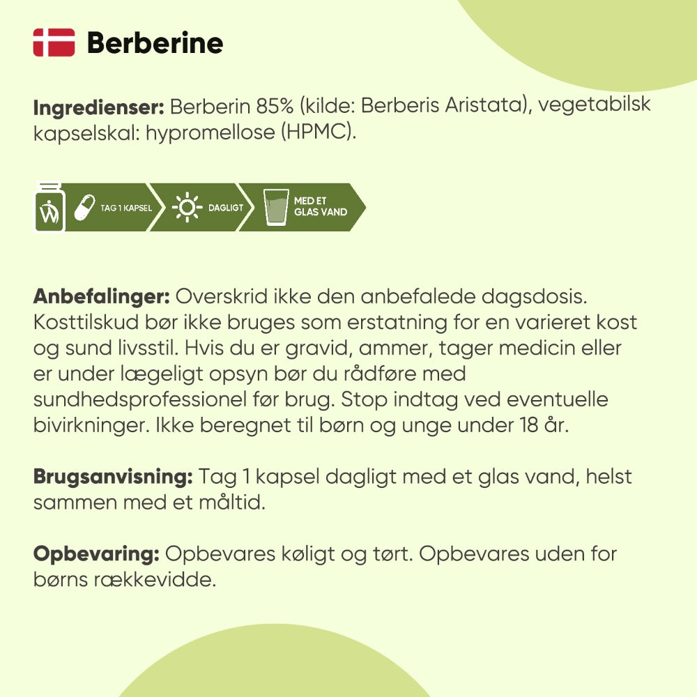 Berberine-tilskuds etiket med ingredienser og brugsanvisning.