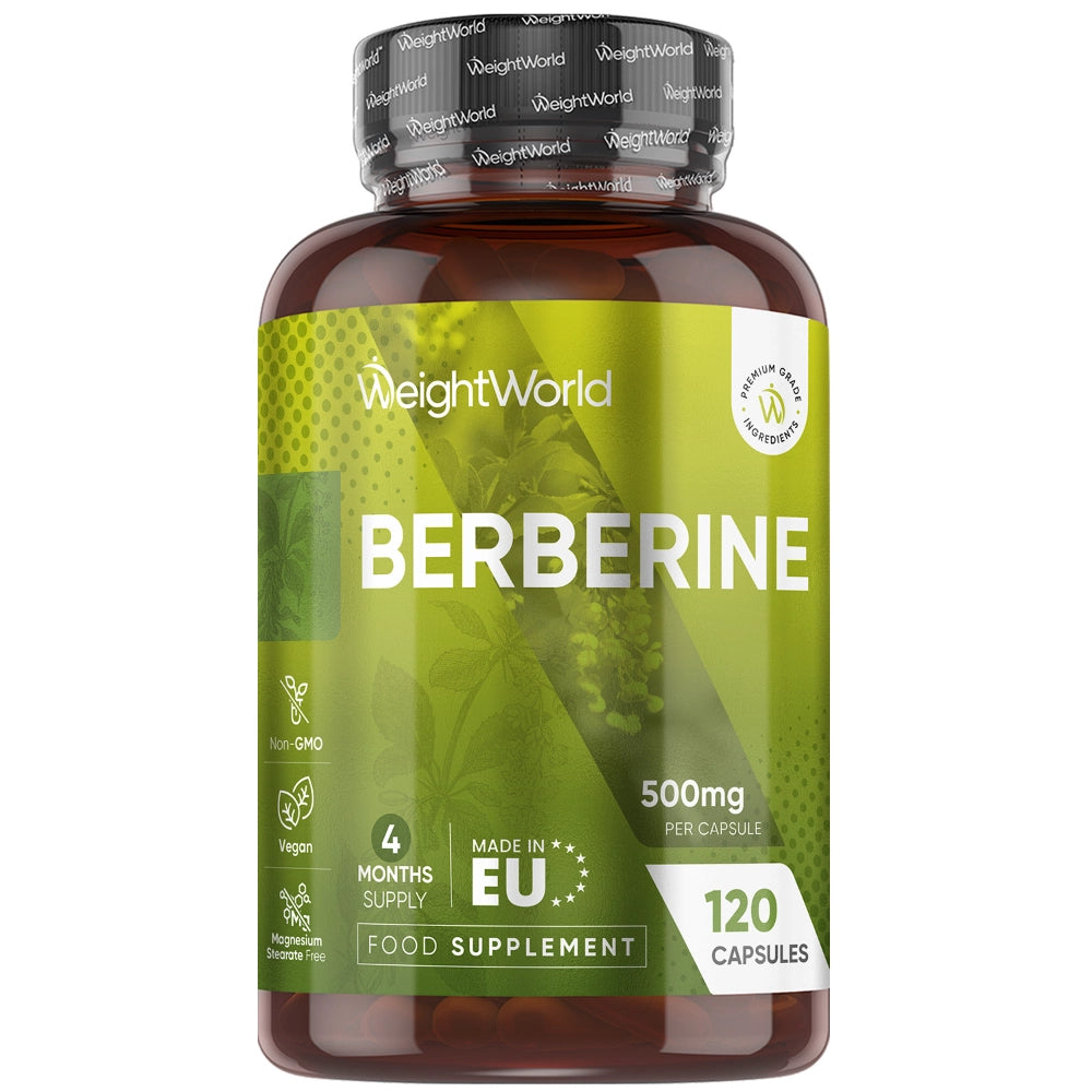 Berberine 500 mg tilskud i WeightWorld-flaske, 120 kapsler på etiketten.