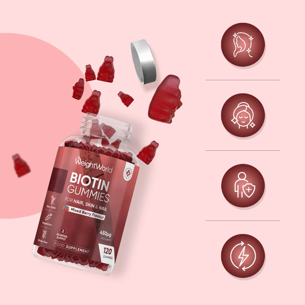 Biotin vingummier, rød bærsmag; flaske med låg og udstrøede vingummier.