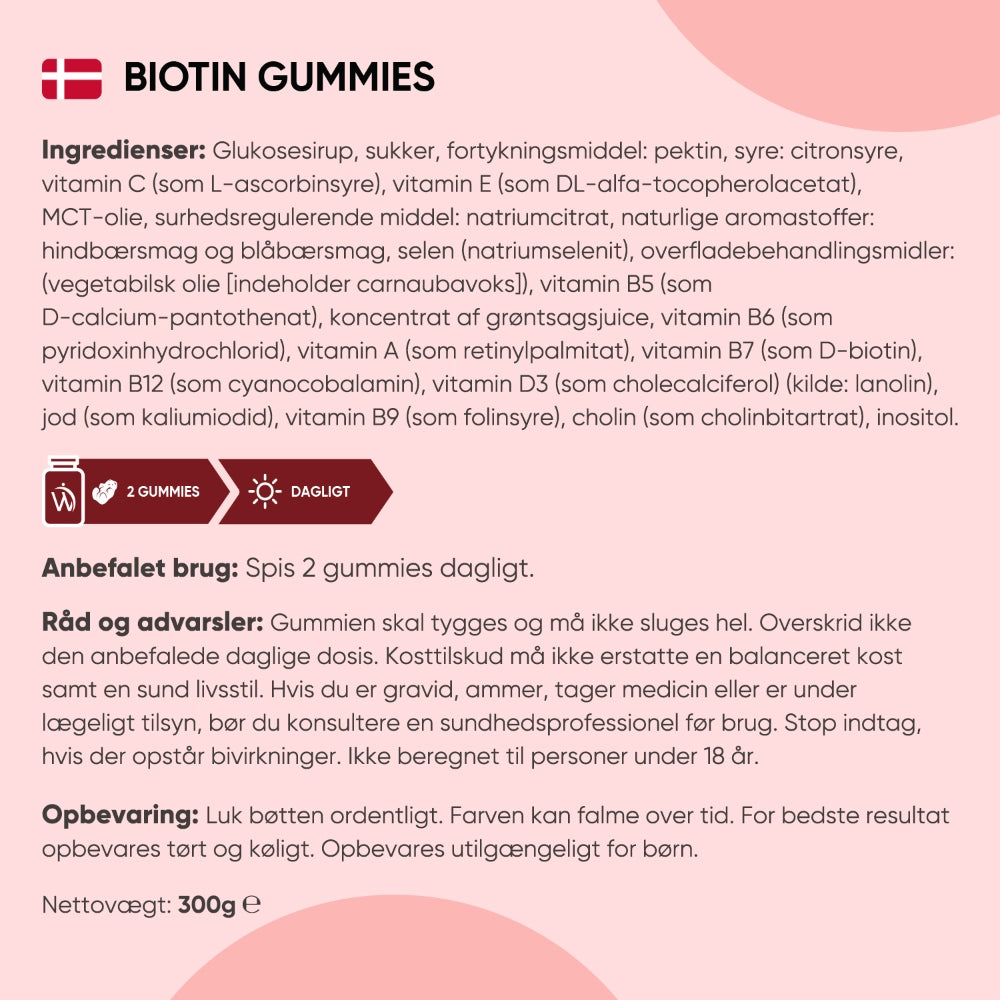 Ingrediens- og anvendelsesinfo for biotin vingummier, samt 300 g nettoindhold.