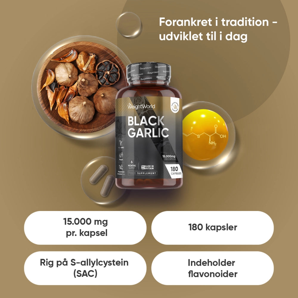 WeightWorld sort hvidløg kosttilskud med kapsler og info om 15.000 mg, 180 stk