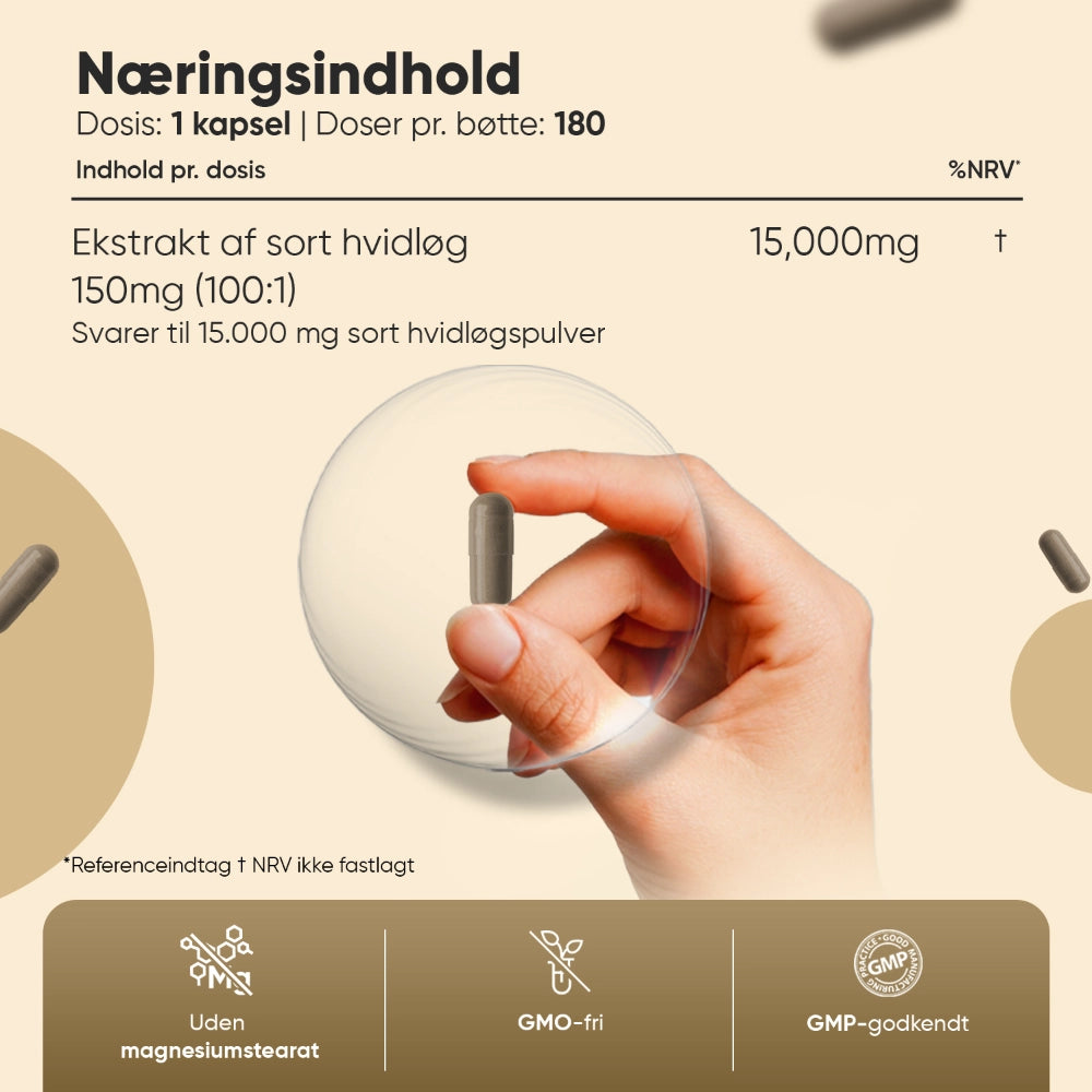 WeightWorld sort hvidløg kapsler—doseringstekst og 15.000 mg på etiketten