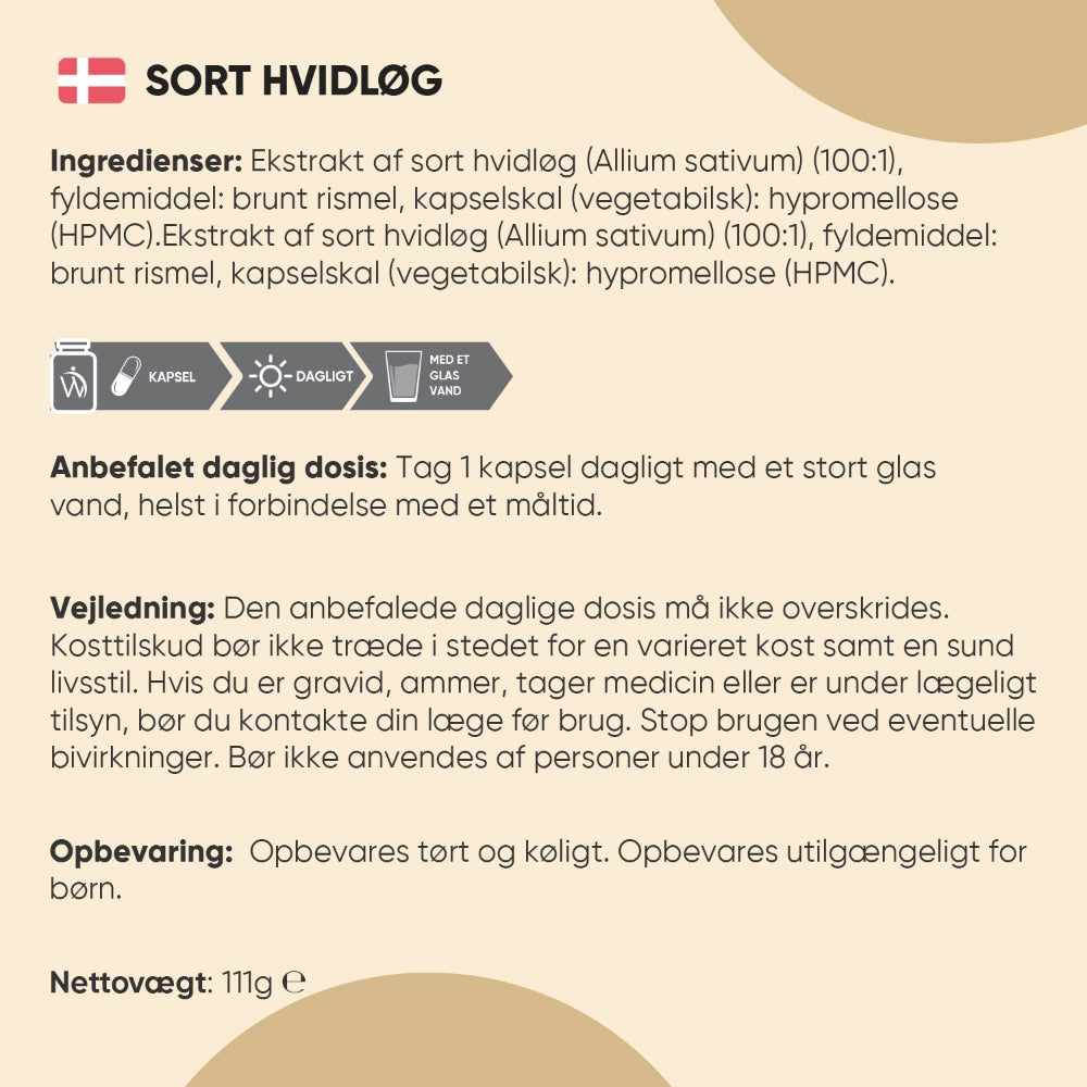 Sort hvidløg kapsel—ingredienser og brugsanvisning på bagsidetekst
