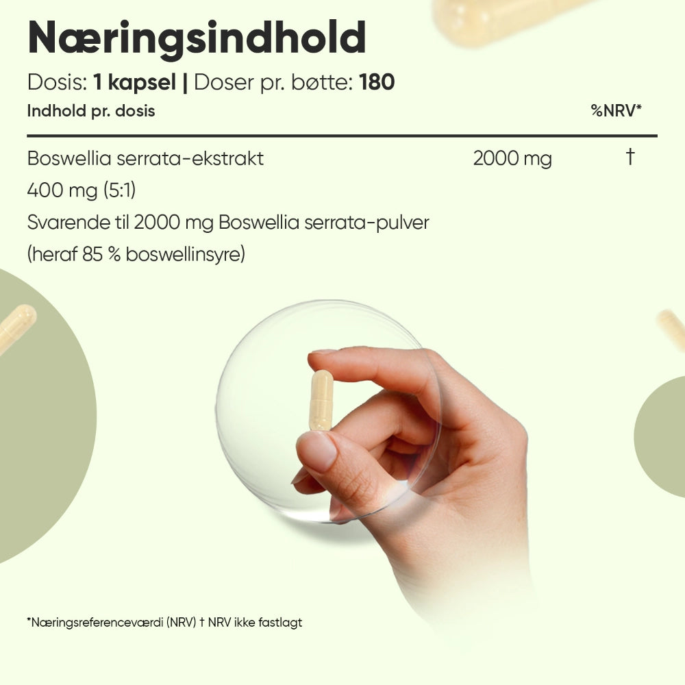 Hånd holder kapsel; næringsindhold 2000 mg pr. kapsel, 180 kapsler