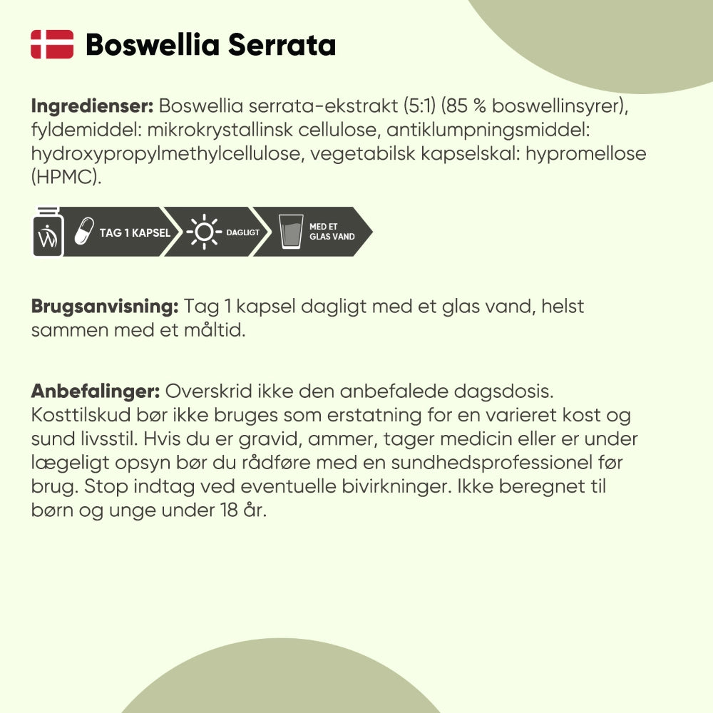 Boswellia Serrata ingredienser og doseringsvejledning på emballage