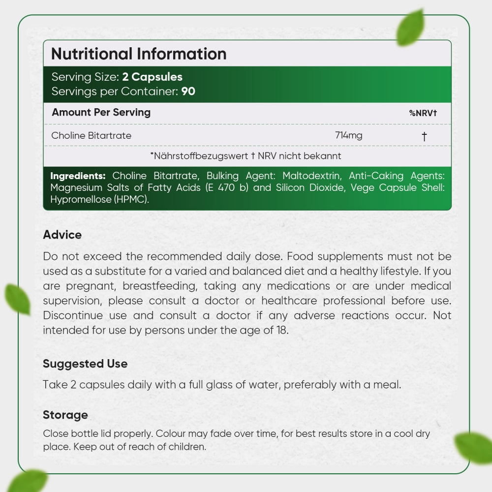 Næringsinformation for WeightWorld Choline bitartrat: 714 mg pr. portion, 180 kapsler