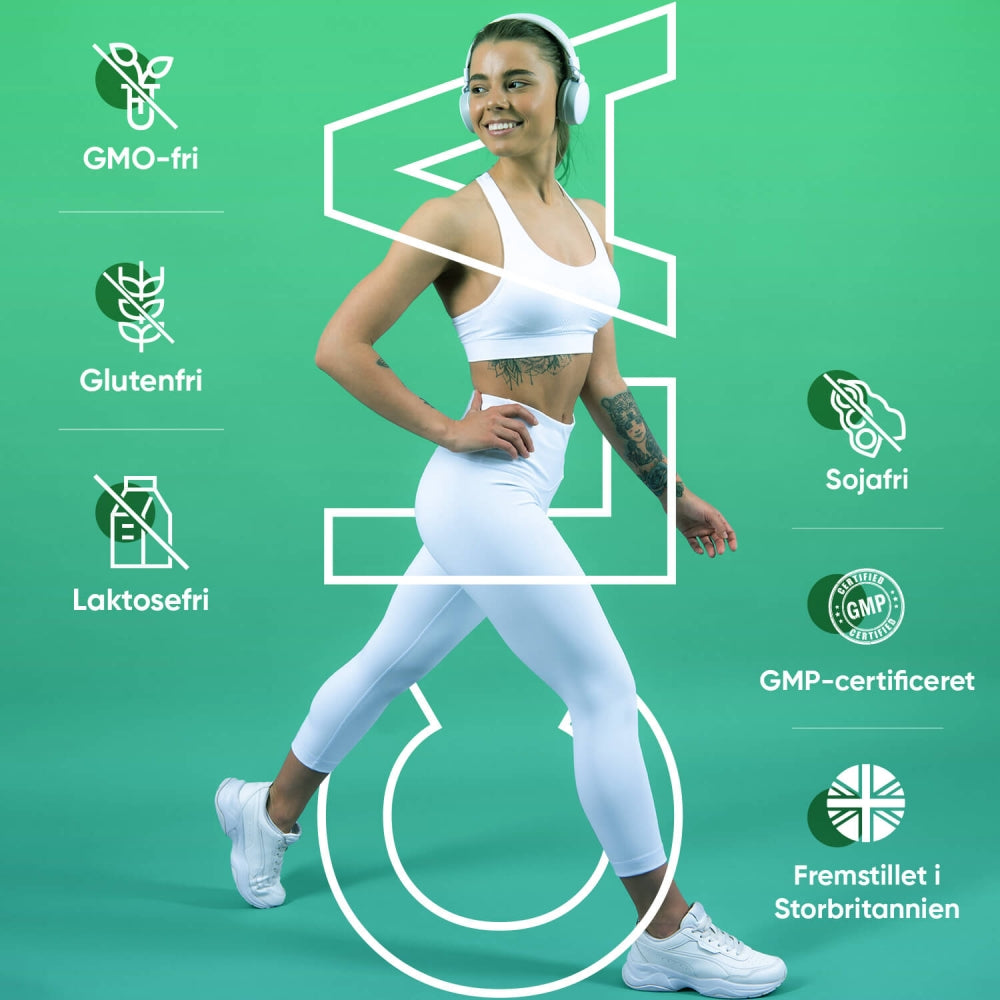 Illustration af kvinde i hvidt sportstøj med CLA-ikoner og GMO-/gluten-/laktosebadge