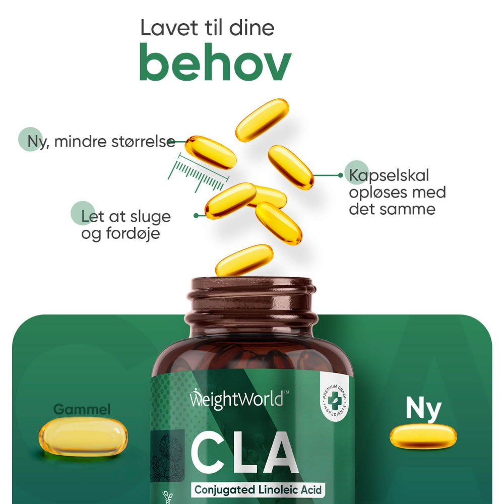 CLA-kosttilskud med gule kapsler og flaskehals samt infografik 'Lavet til dine behov'