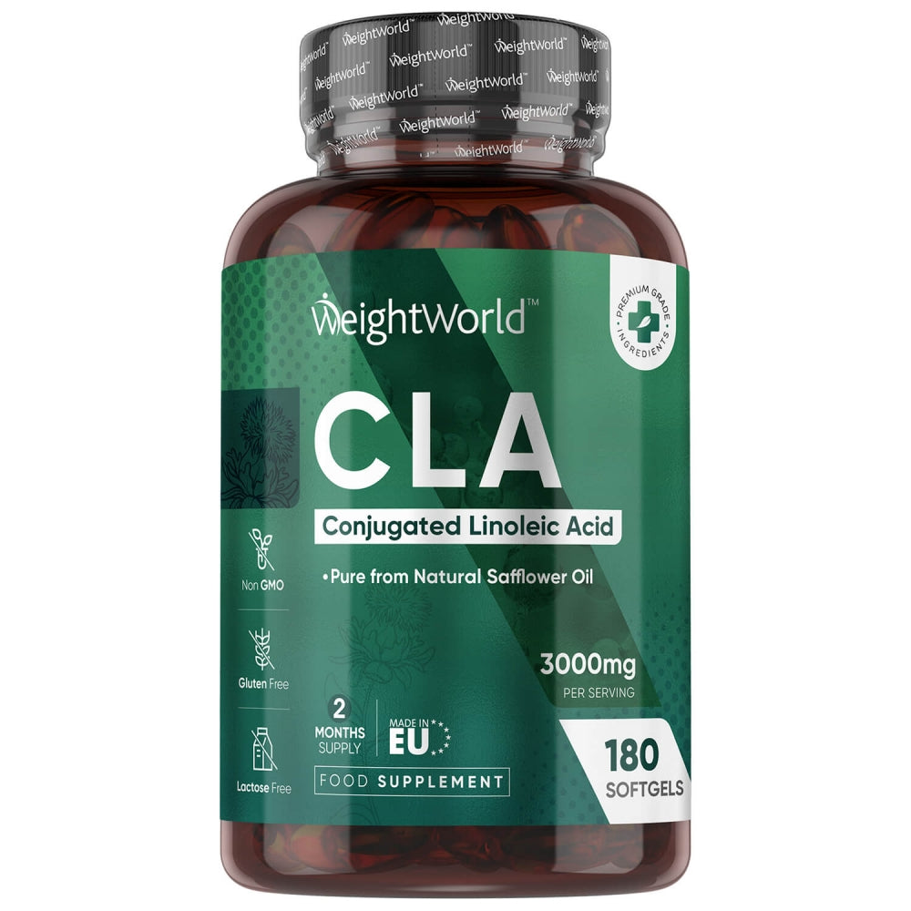 CLA-kosttilskud i glasflaske med grønt mærkat, 3000 mg og 180 kapsler
