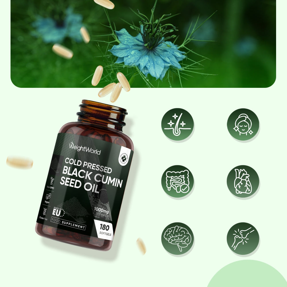 Nigellafræolie flaske med softgels og frø, koldpresset sort spidskommen 1000 mg