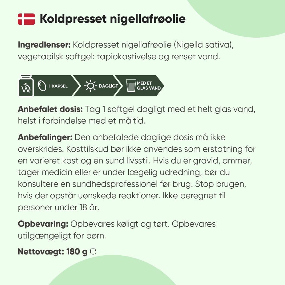 Koldpresset nigellafrøolie ingrediens- og doseringsinfo, nettovægt 180 g