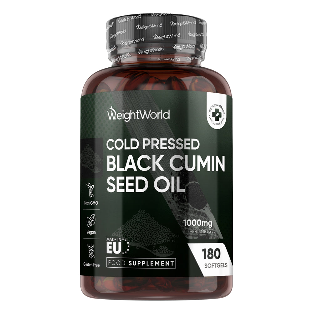 Nigellafræolie 1000 mg flaske: koldpresset sort spidskommen, 180 softgels
