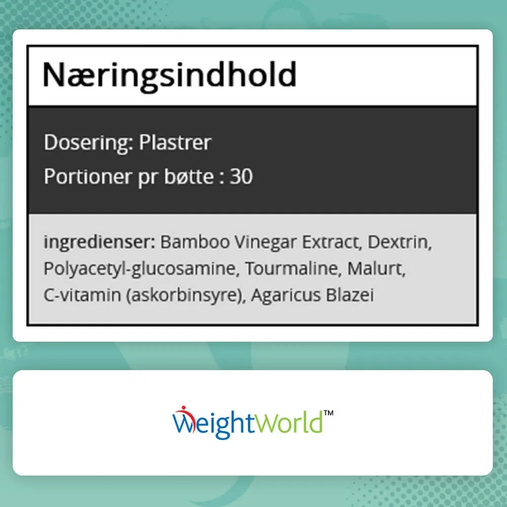 Næringsindhold panel til WeightWorld Detox fodplastre med ingrediensliste