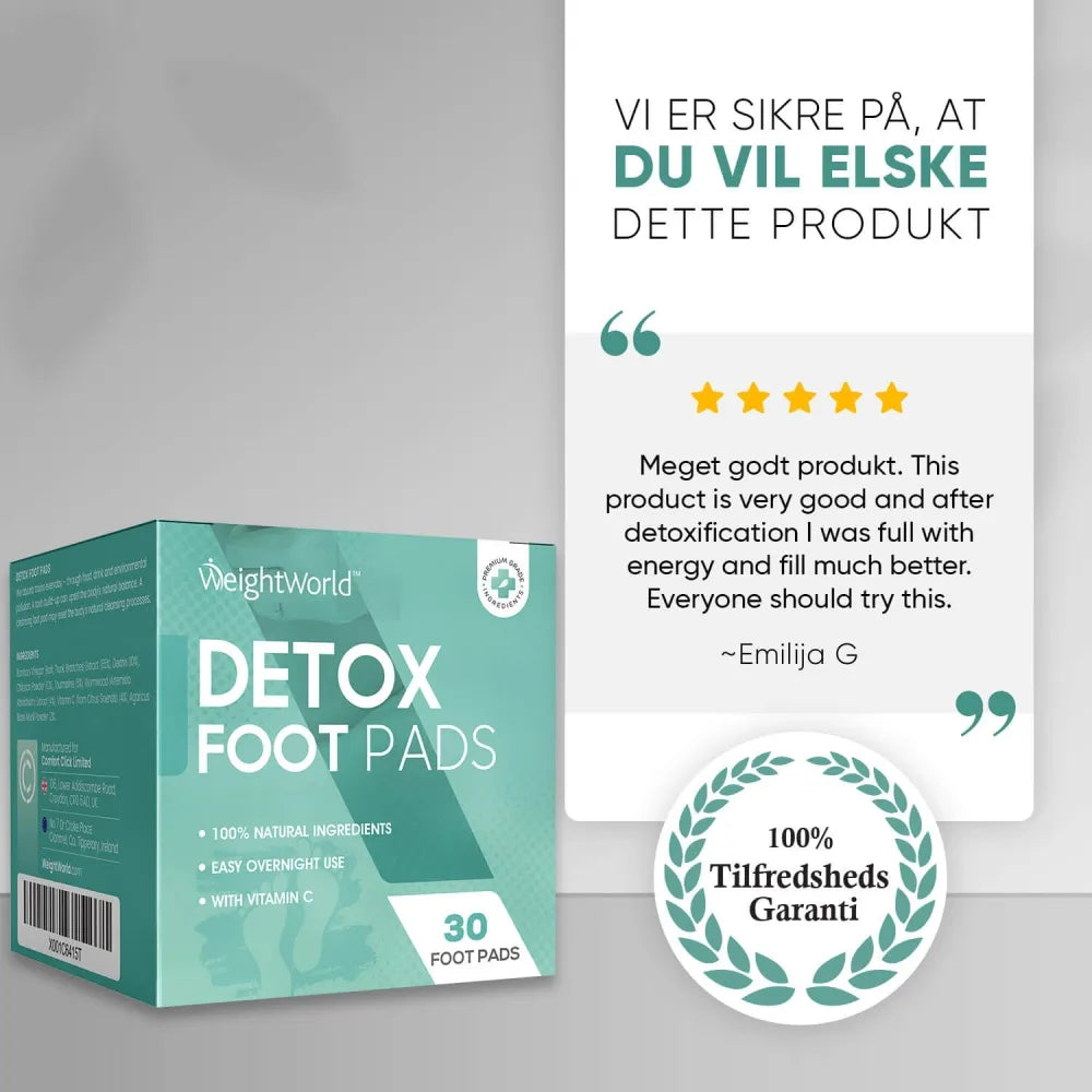 WeightWorld Detox fodplastre æske med tekstpanel og 100% tilfredshedsgaranti