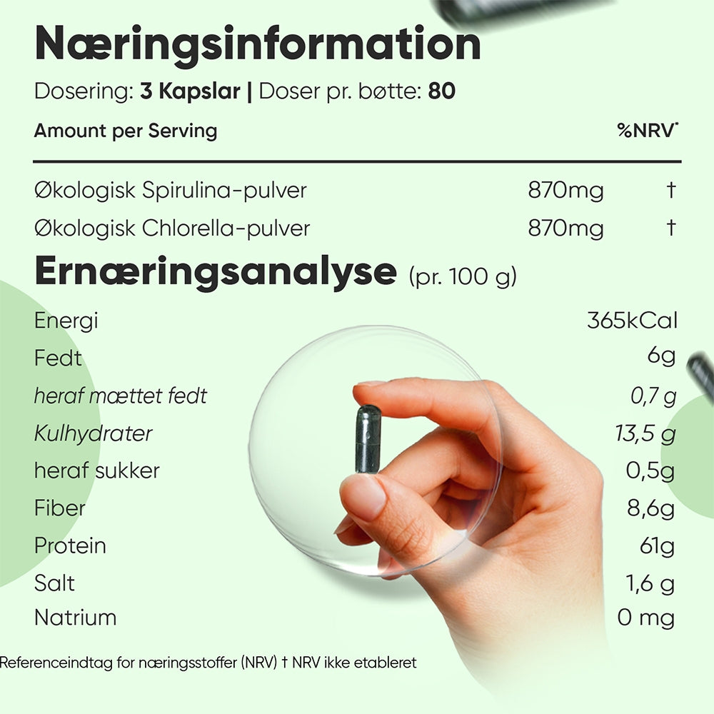 Spirulina- og chlorellakapsel i hånd, ernæringsanalyse på etiketten