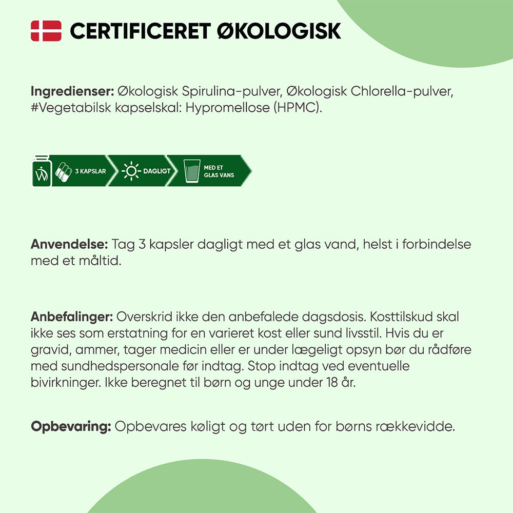 WeightWorld certificeret økologisk spirulina- og chlorella-tilskud, ingrediens- og anvendelsesinfo