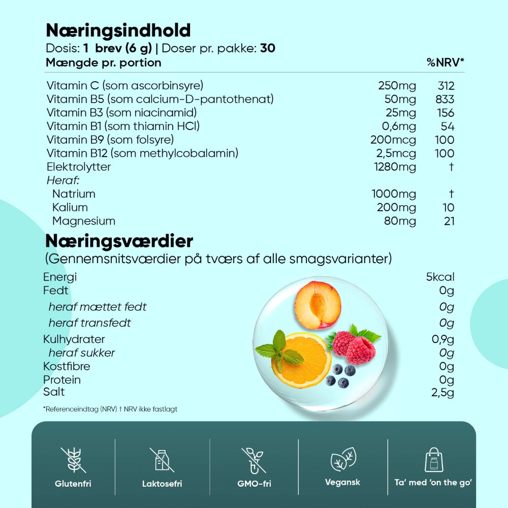 Næringsindhold-etikette med frugt- og bærillustration samt vitaminoversigt