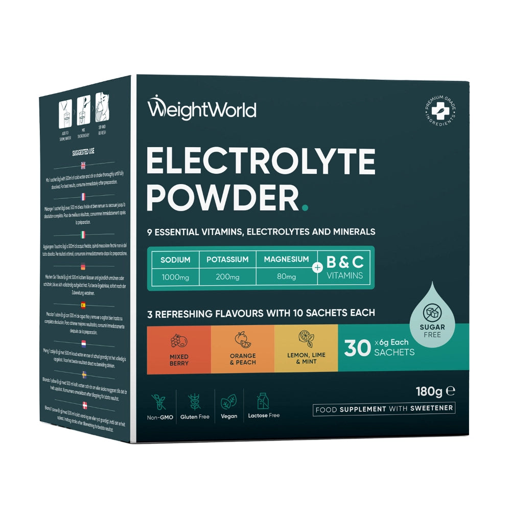 Elektrolyt pulver-æske i grøn og sort, 30 breve, nettovægt 180 g