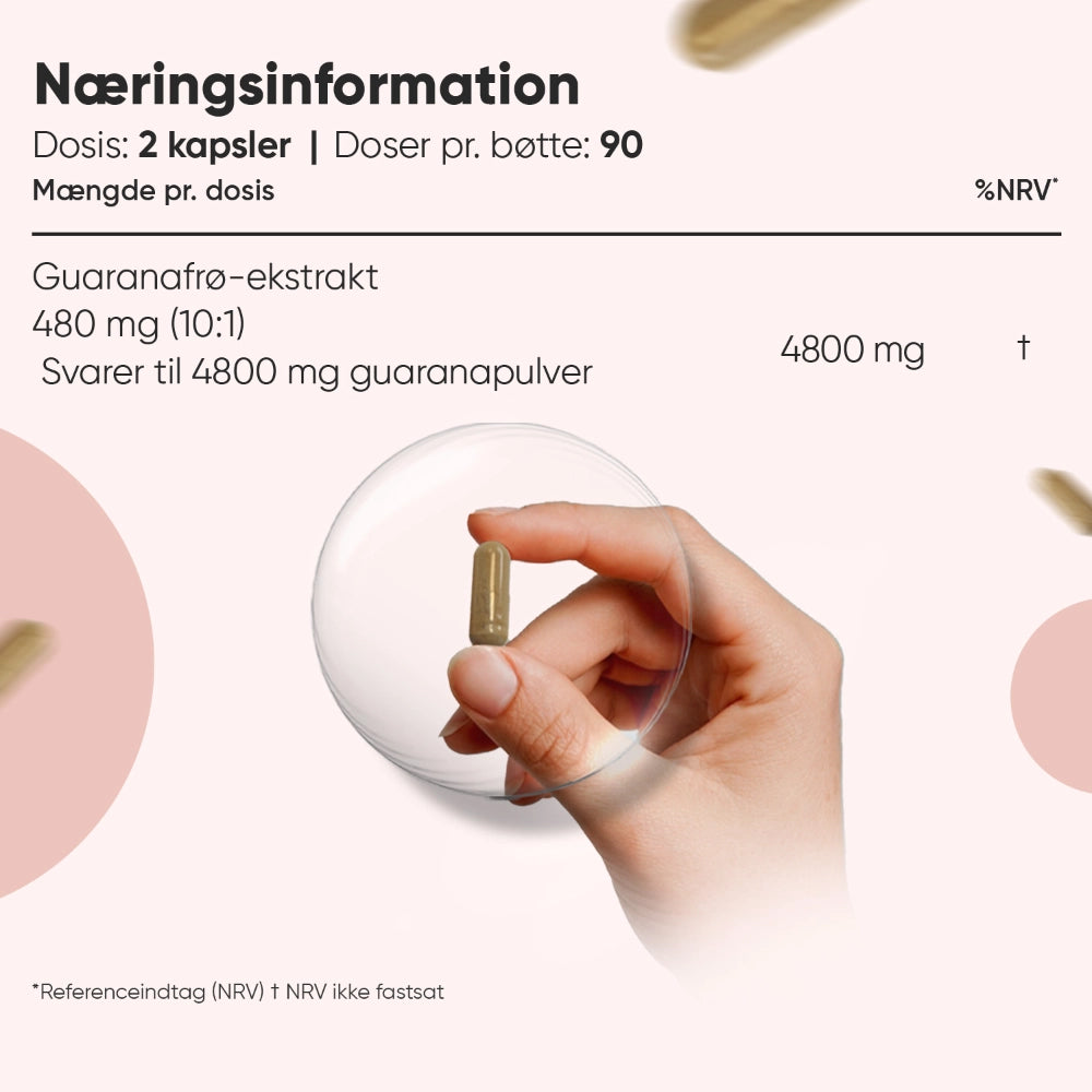 Pure Guarana næringsinformation: 4800 mg pr. dosering, hånd holder kapsel