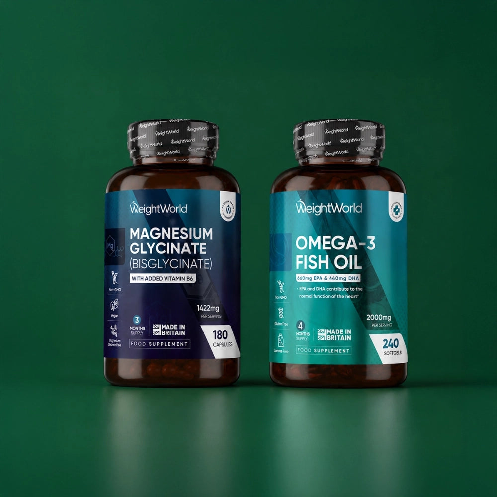 WeightWorld kosttilskud: to flasker magnesiumglycinat og omega-3 fiskeolie.