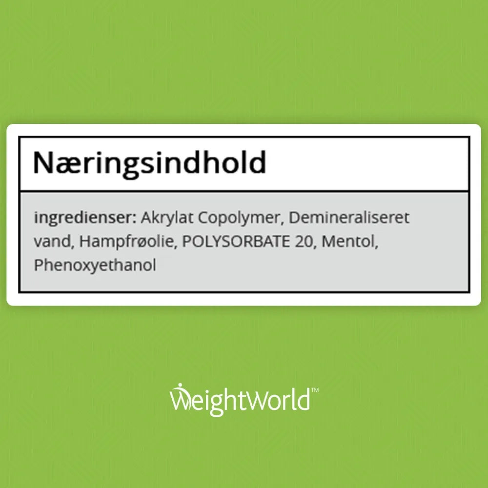 Hampeolie-plastre, næringsindhold og ingrediensliste på hvid etiket