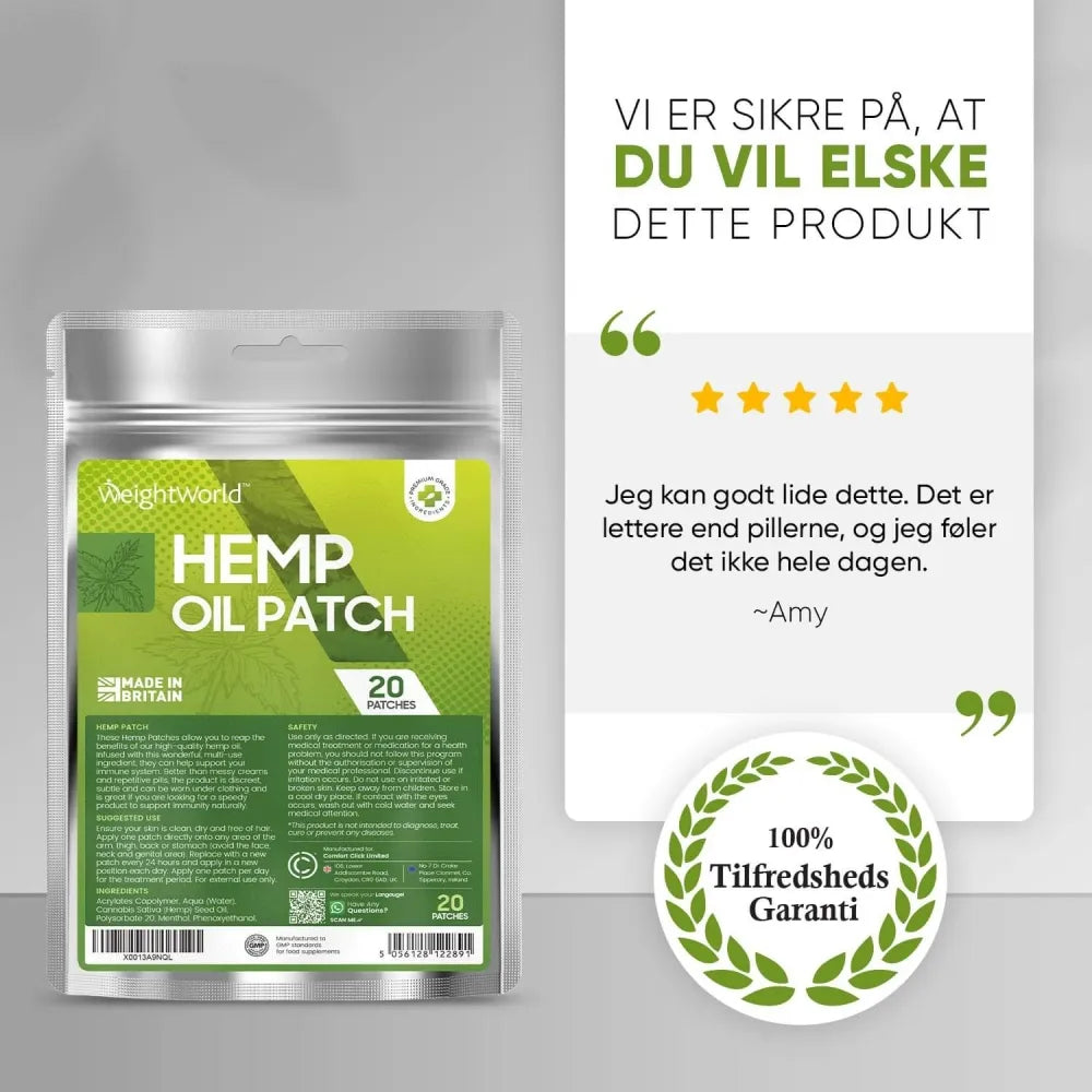 Hampeolie-plastre i pose med kundecitat og 100% tilfredshedsgaranti