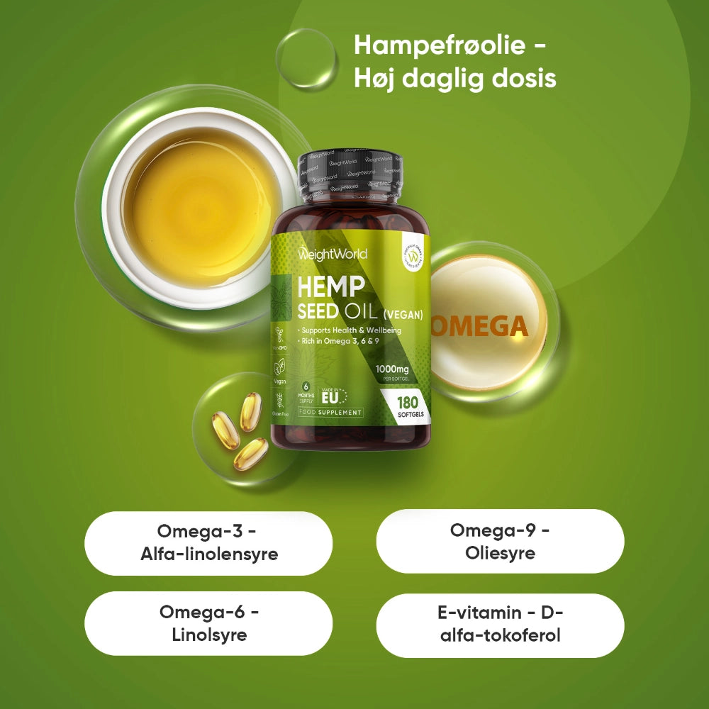Hampefrøolieflaske med omega-3, omega-6, omega-8 og E-vitamin-D på dosisskema.