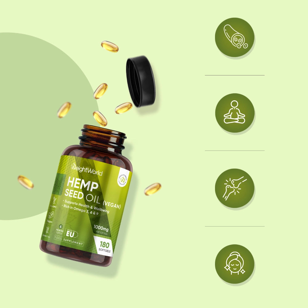 WeightWorld hampefrøolieflaske med grønne funktionsikoner; 1000 mg, 180 softgels.