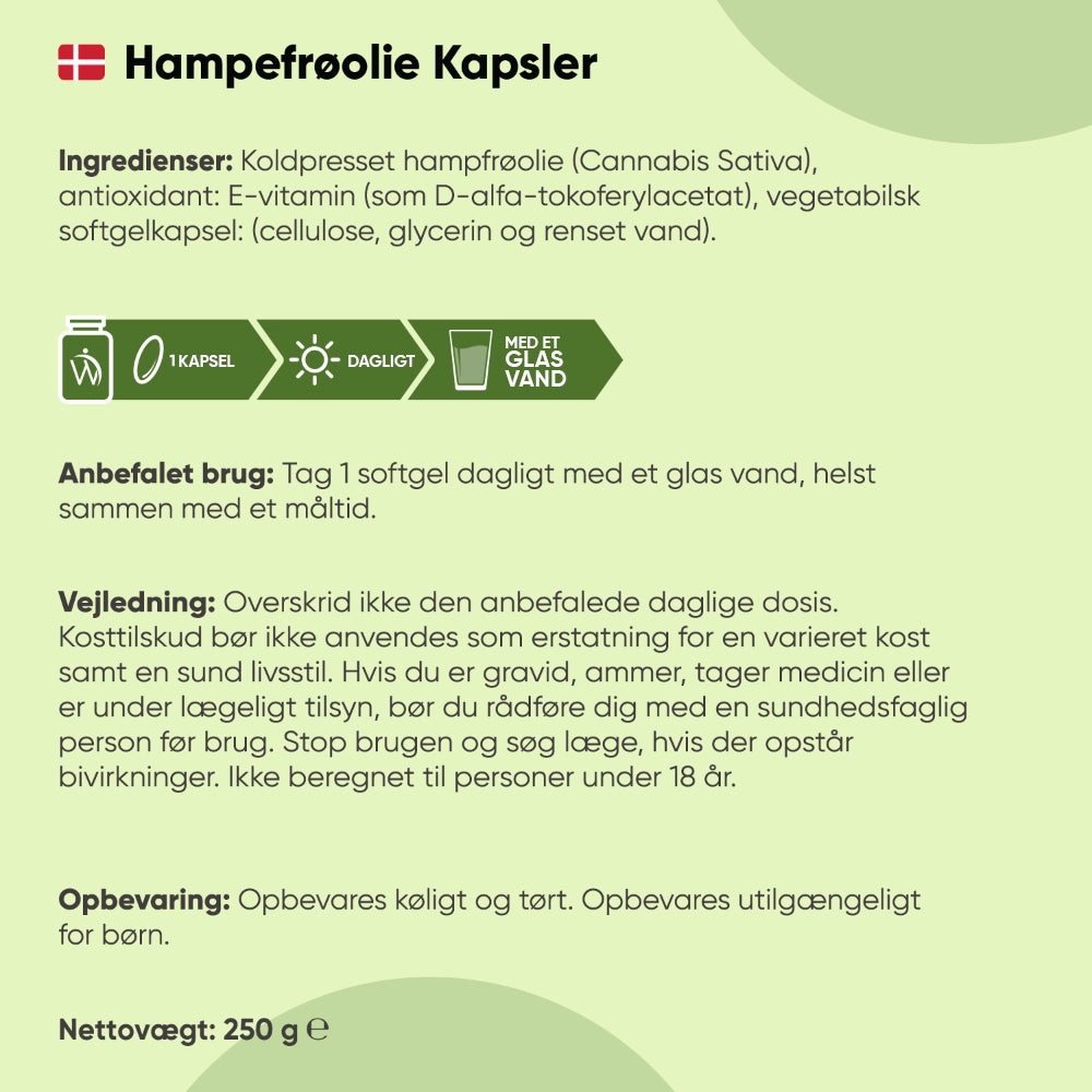 Hampefrøolie kapsler: ingredienser, daglig brug og opbevaring vist på informationsark.