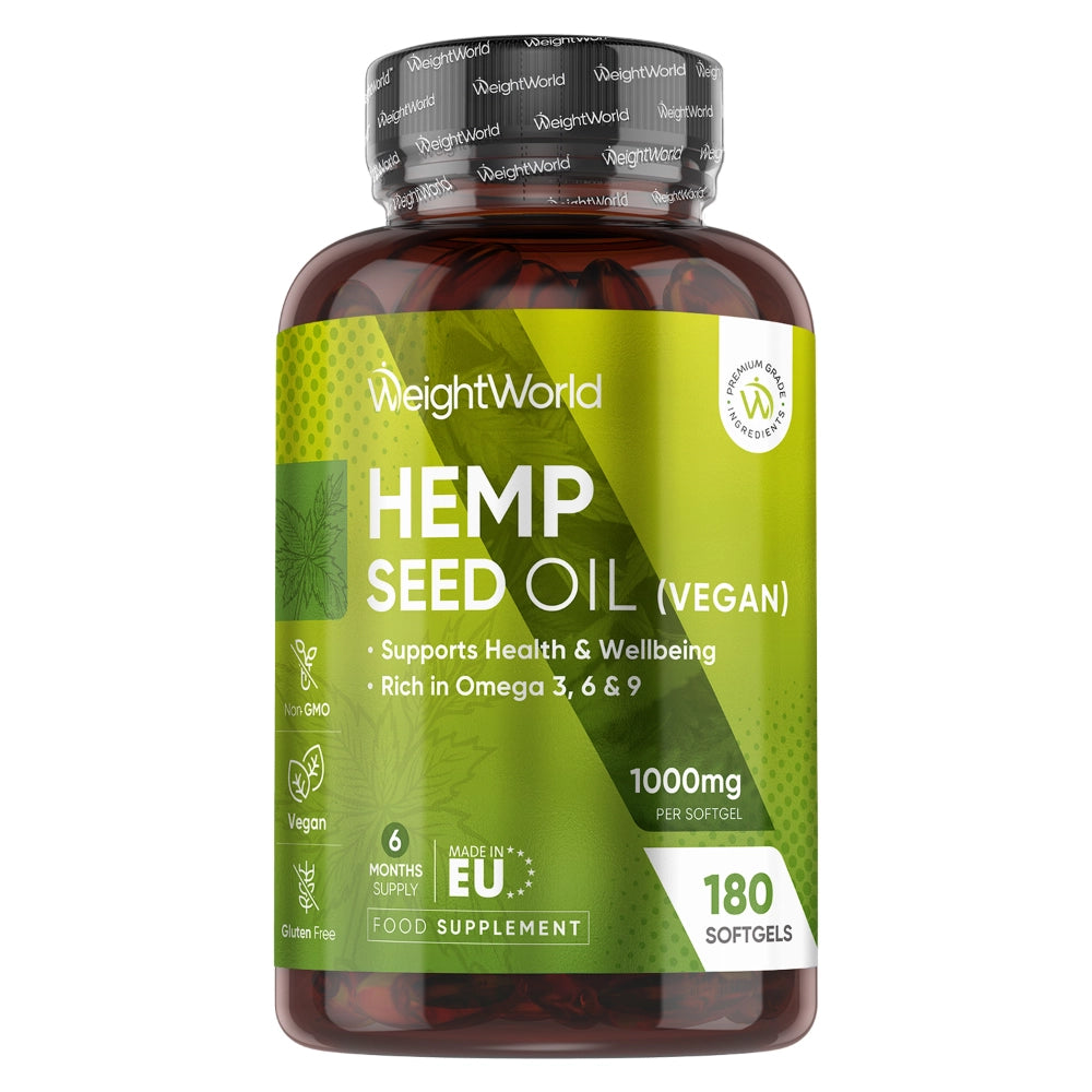 WeightWorld hampefrøolieflaske 1000 mg, 180 softgels, vegansk kosttilskud.