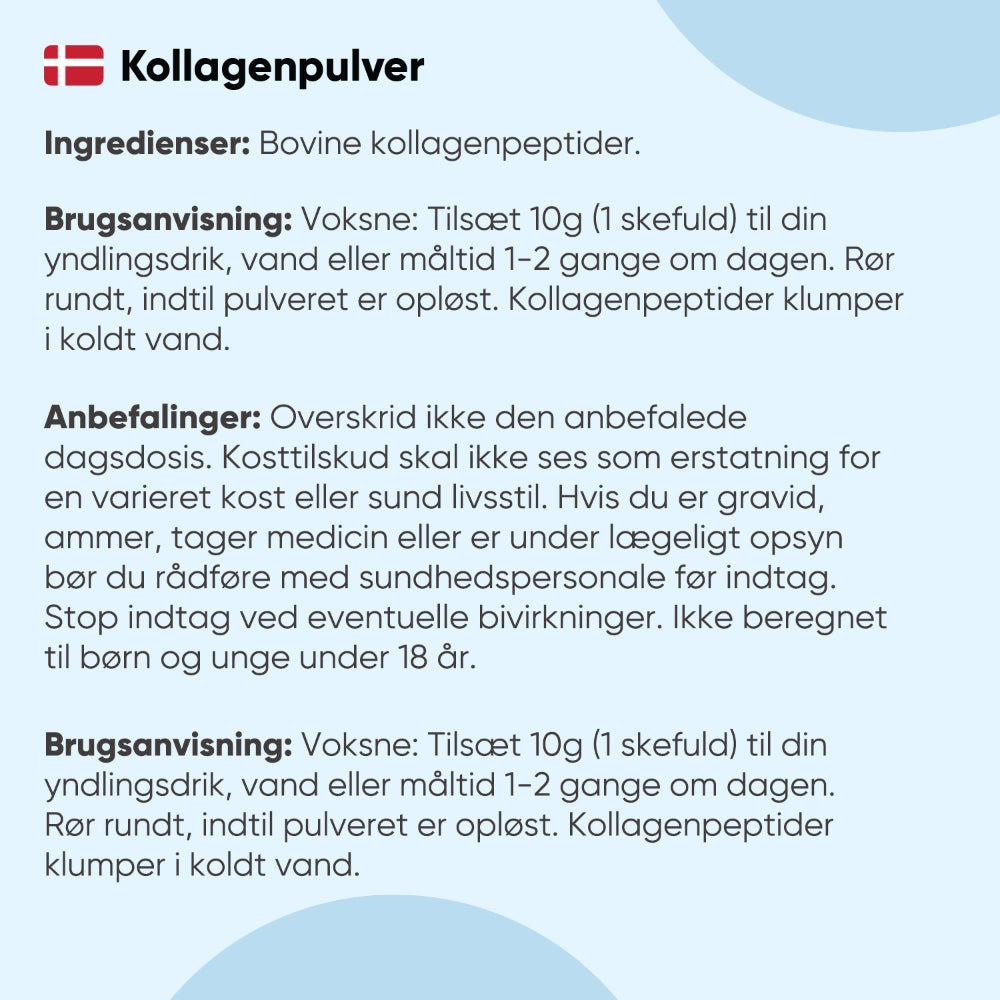 Ingredienser og brugsanvisning til kollagenpulver (bovine kollagenpeptider)