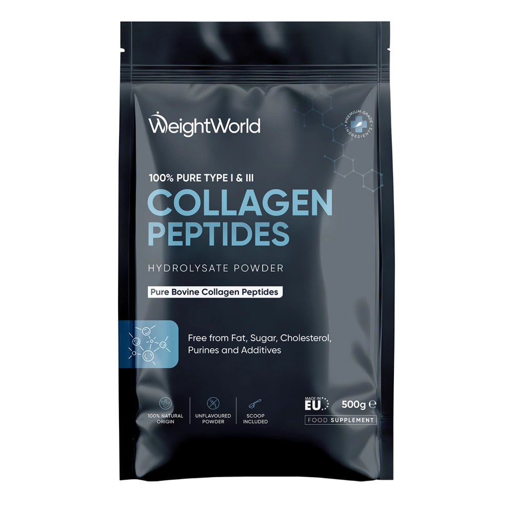 Hydrolyseret kollagenpulverpose med “Collagen Peptides” og 500 g mærkning