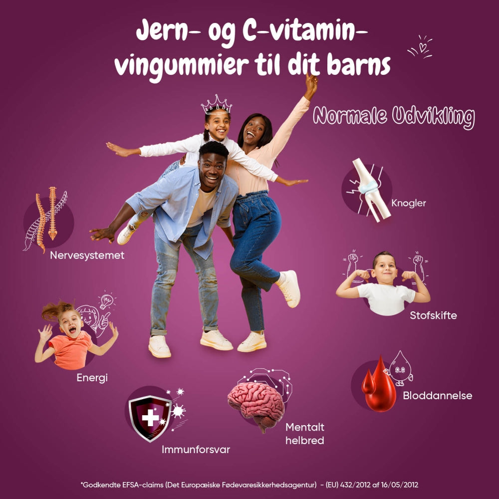 Infografik for jern- og C-vitamin-vingummier til børn med børne-ikoner