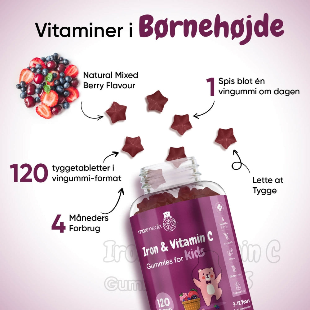 Vingummier til børn med jern og C-vitamin: lilla flaske, 120 tygge-stykker