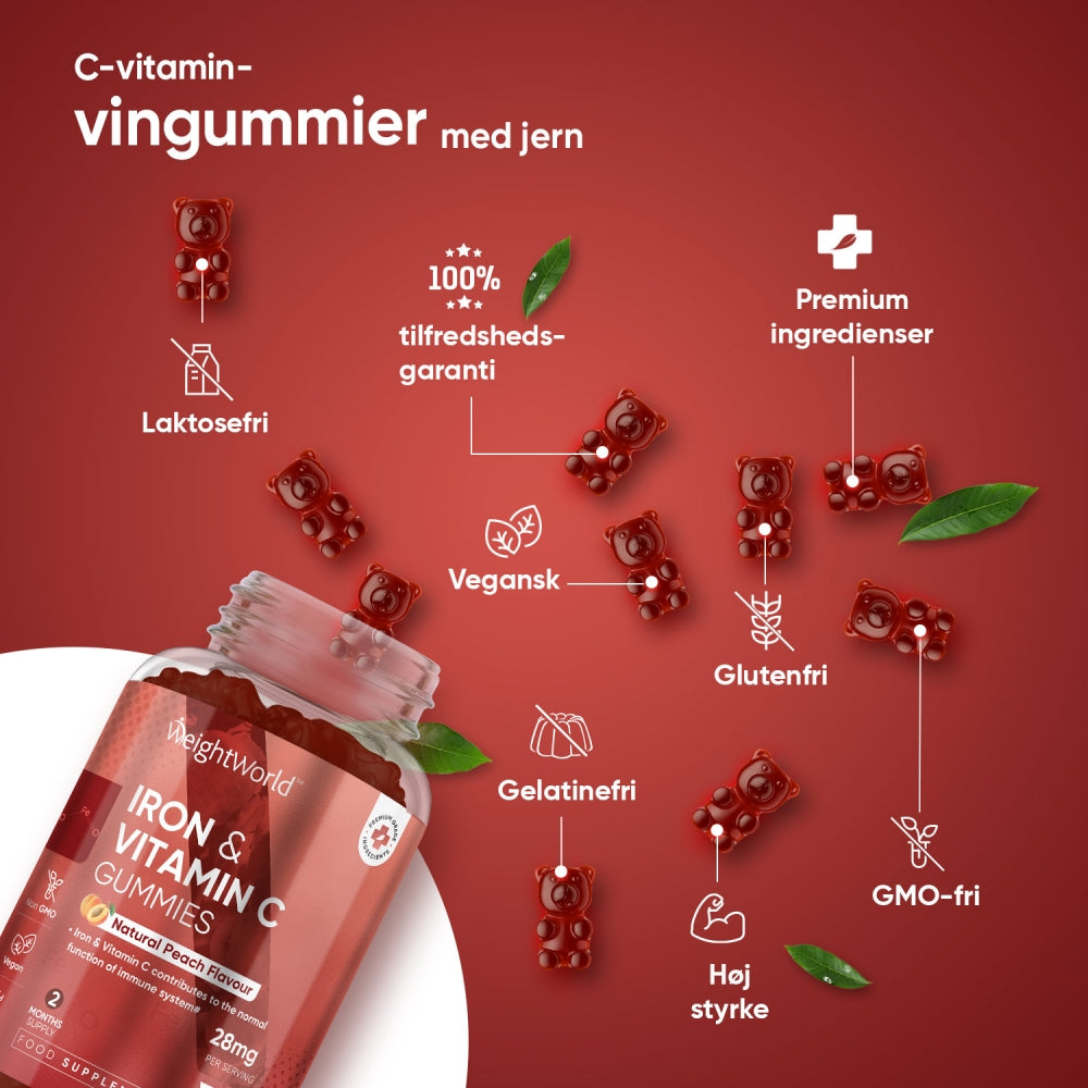 WeightWorld C-vitamin vingummier med jern samt udvalgte allergi- og kostinfo-ikoner
