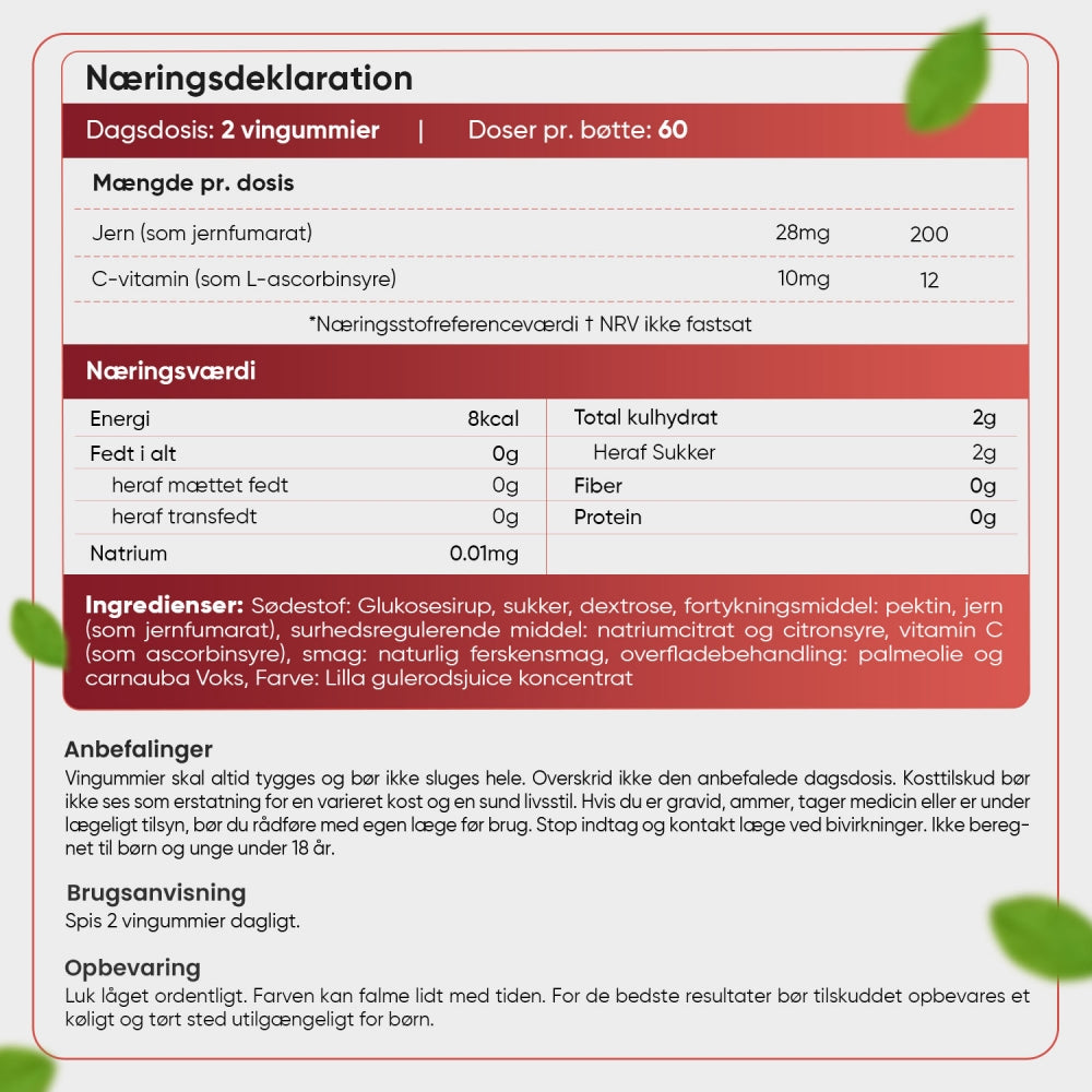 Ernæringsdeklaration for jern- og C-vitamin vingummier: pr. portion og ingredienser