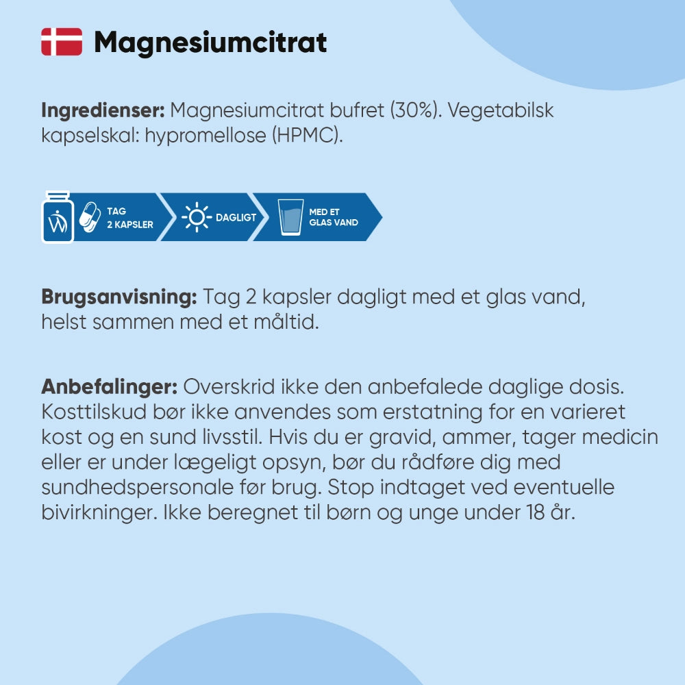 Magnesiumcitrat kosttilskud: ingrediens- og brugsinfo på blå panel