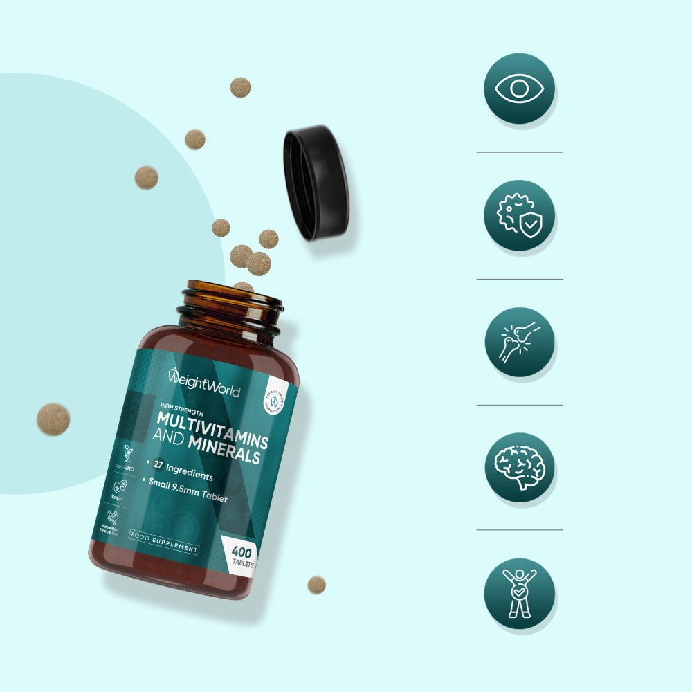 WeightWorld multivitamin- og mineralflaske med åben låg og flot ikonliste
