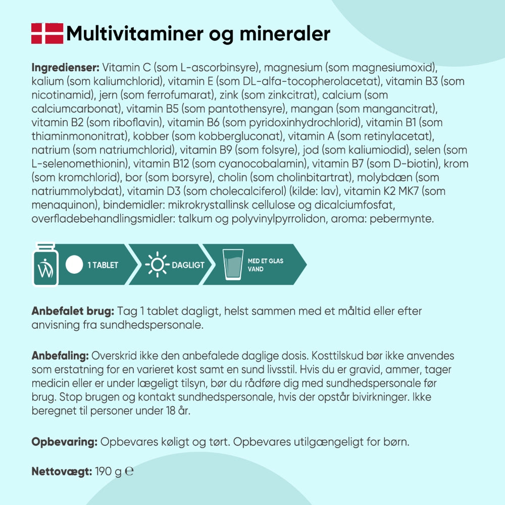 Ingredienser og brugsanvisning på WeightWorld multivitamin- og mineraletiket