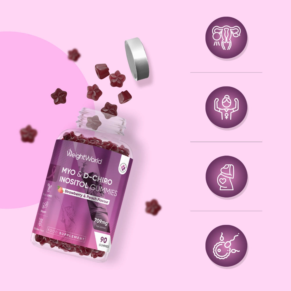 Inositol-gummier i glasflaske, jordbær & fersken, 90 gummies-mærkat